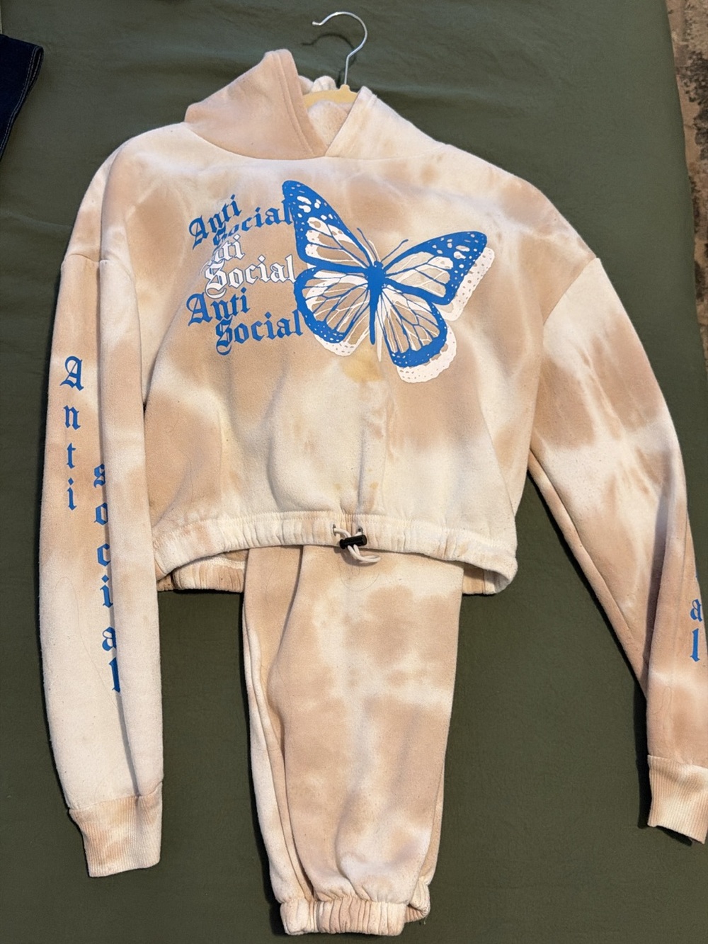 Anti Social Butterfly Cropped Hoodie and Joggers Set - Beige with Blue